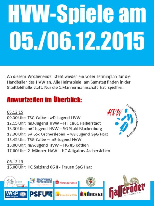 HVW Spiele am Wochenende 05./06.12.15